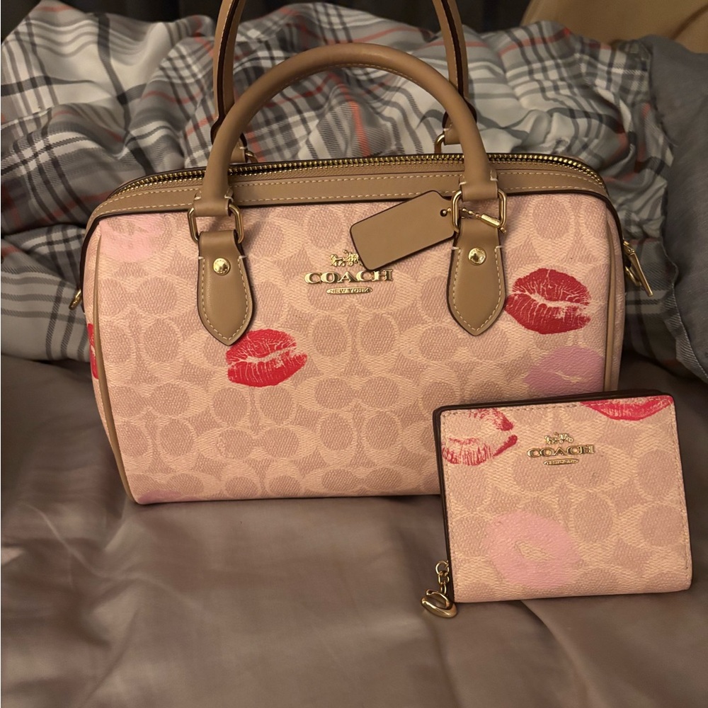 Coach Pink and Tan Satchel with Lip Print